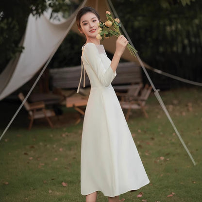 2025 Get the certificate and register, you can usually wear a simple  long-sleeved small white dress, engagement dress, light wedding dress, satin dress.