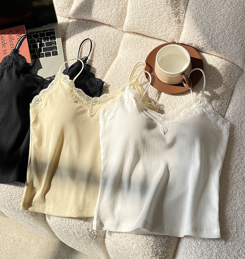 2025  Spring New Lace Sweet and Spicy Small Vest Slim-fit Elastic Top with Chest Pad Bottom Sling 2035