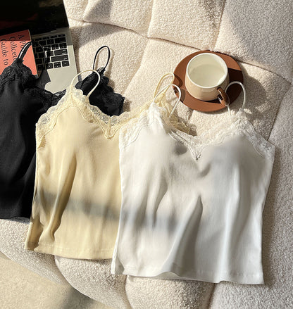 2025  Spring New Lace Sweet and Spicy Small Vest Slim-fit Elastic Top with Chest Pad Bottom Sling 2035