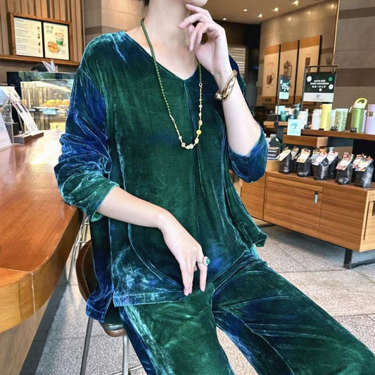 2025 Silk velvet hand-painted blue-green gradual change loose round neck T-shirt + drawstring elastic waist wide-leg pants casual suit