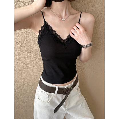 2025  Spring New Lace Sweet and Spicy Small Vest Slim-fit Elastic Top with Chest Pad Bottom Sling 2035