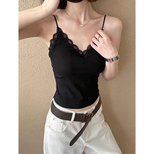 2025  Spring New Lace Sweet and Spicy Small Vest Slim-fit Elastic Top with Chest Pad Bottom Sling 2035