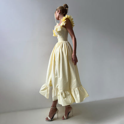 temperament commuter style ruffle edge striped dress women's summer high-end neckline cuffs double design women's clothing