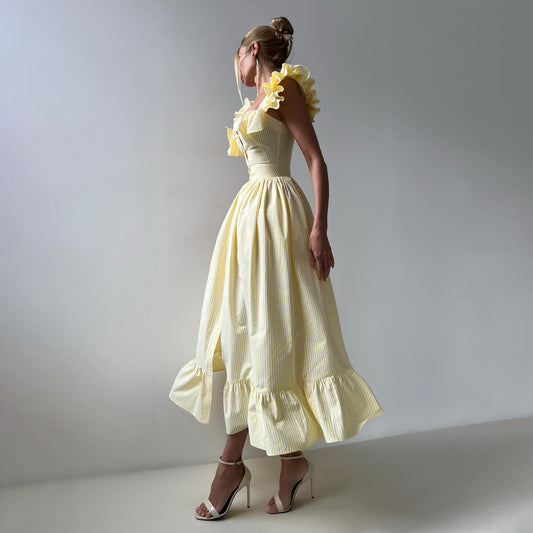 temperament commuter style ruffle edge striped dress women's summer high-end neckline cuffs double design women's clothing