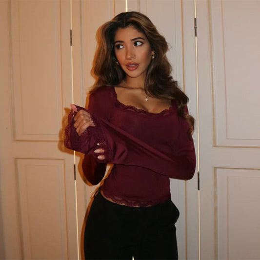 FLOWERSVERSE 2025 spring and summer new 2025 style women's clothing fashion temperament sexy versatile slim lace long-sleeved top