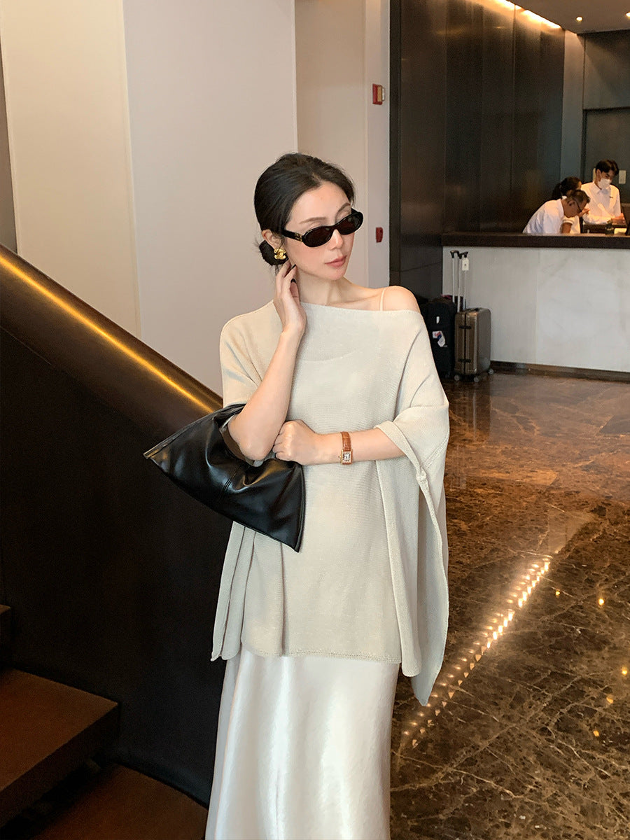 2025 spring loose meat cover long sleeve diagonal neck knitted sweater women's top oversize sunscreen blouse 25227