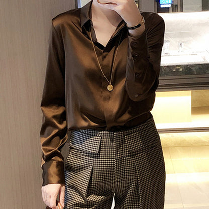 2025 Chocolate silk shirt heavy 23 mmi  summer Hangzhou four-season green women's shirt long-sleeved top