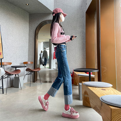 2025 high-end summer new jeans, medium blue elastic nine-point pants, high-rise and thin high-waisted straight-leg pants