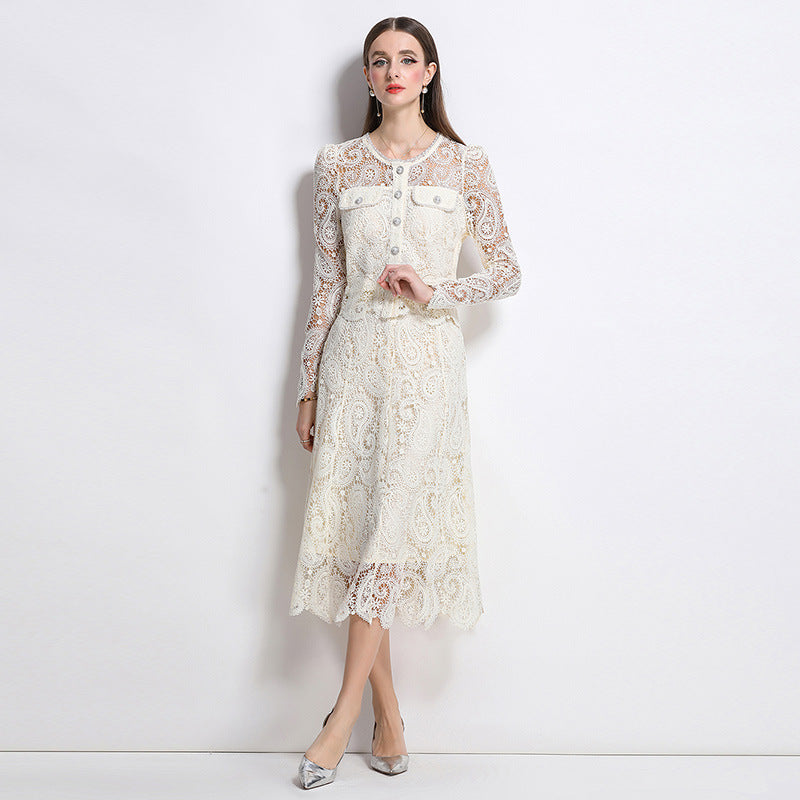 Hot style fashion temperament bead embroidery long-sleeved lace top skirt two-piece suit women's high-end dress