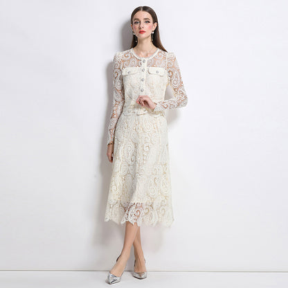 Hot style fashion temperament bead embroidery long-sleeved lace top skirt two-piece suit women's high-end dress