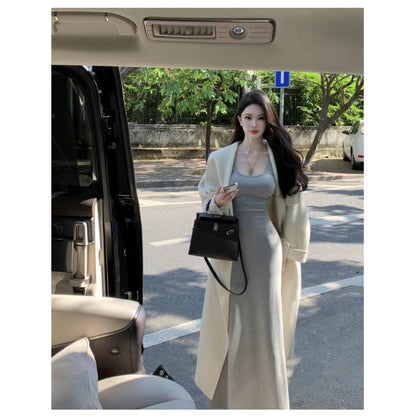 2025 Royal sister's wind-bottomed gray knitted suspender dress waist slim-fitting hip-wrapped long dress, a skirt with a coat in winter