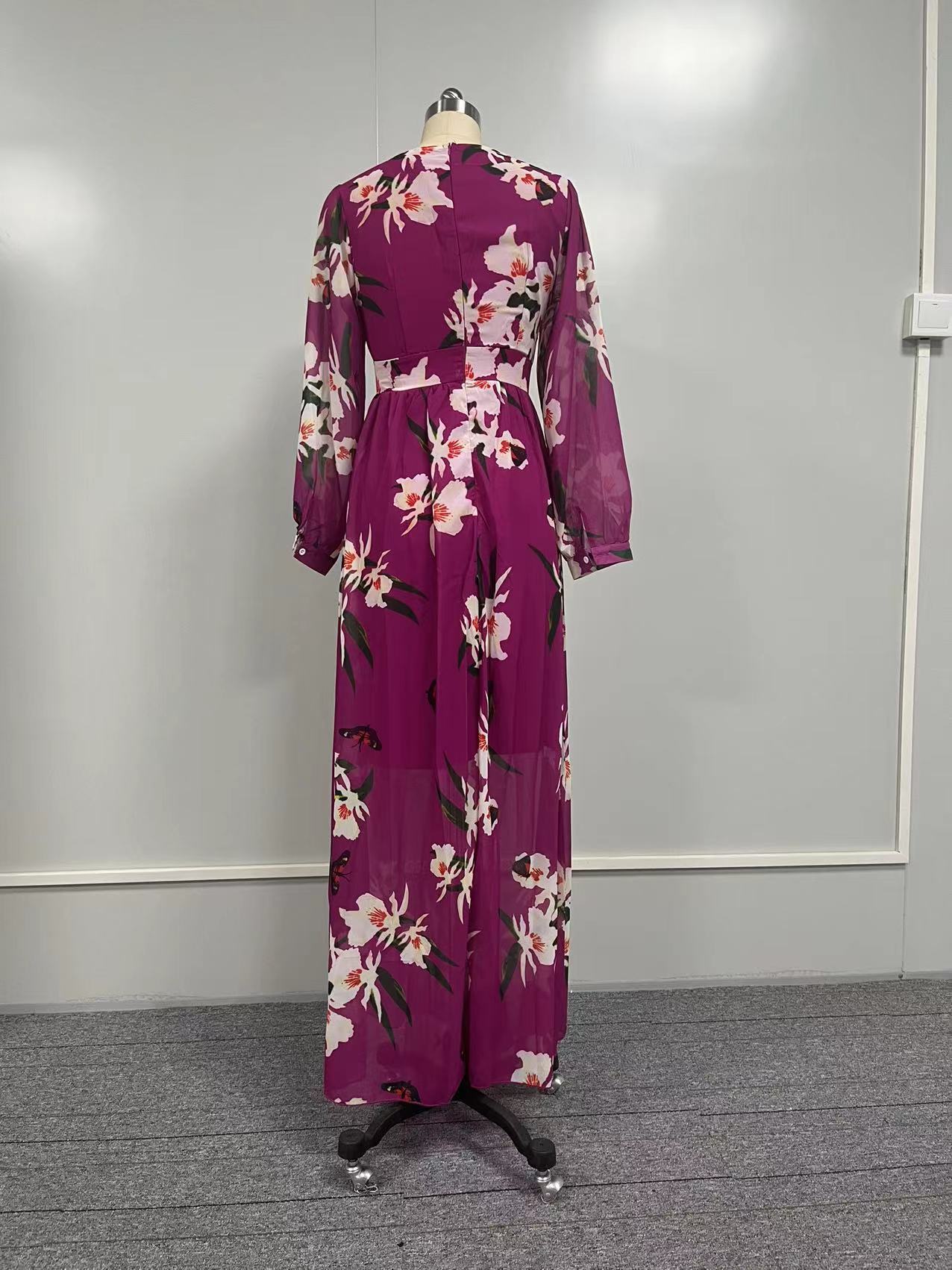 FLOWERSVERSE popular New 2025 summer new Popular trade printing women's dress  hot V-neck long-sleeved pendulum skirt