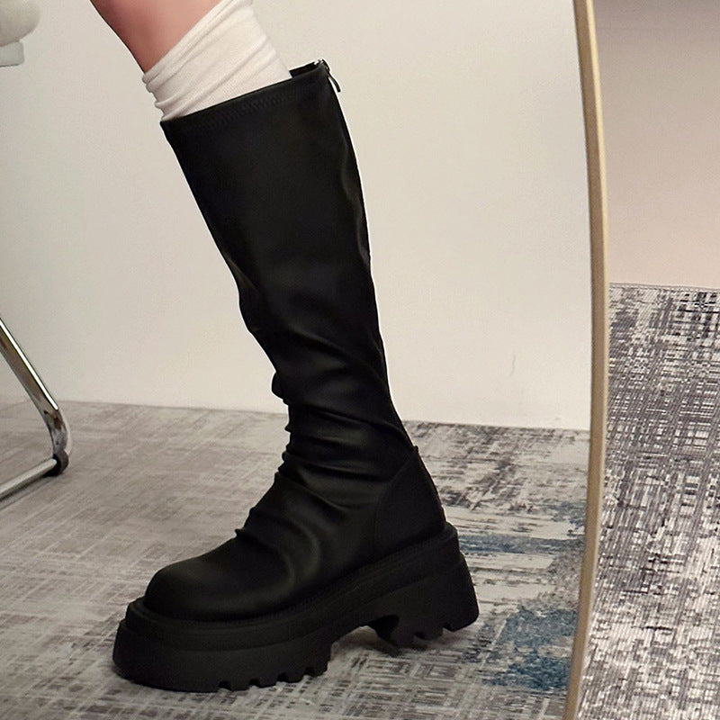 2025  Knight boots are popular this year. Tall but knee black thick heel stacked boots, thin boots