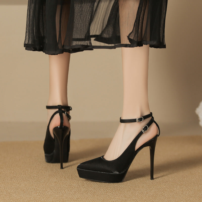 2025 1233-1 one-word bag head sandals pointed thin heels high heels waterproof table super high heels satin single shoes are not tired