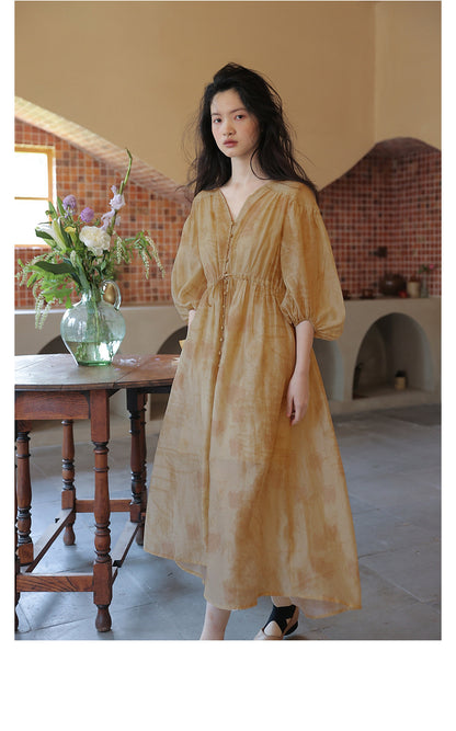 popular spring and summer women's clothing  lazy ramie digital printing dress women's yellow thin dress 230247