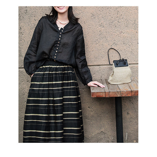 2025 spring and summer women's long skirt, blended elastic waist black rice striped literary and versatile medium and long skirt A0538