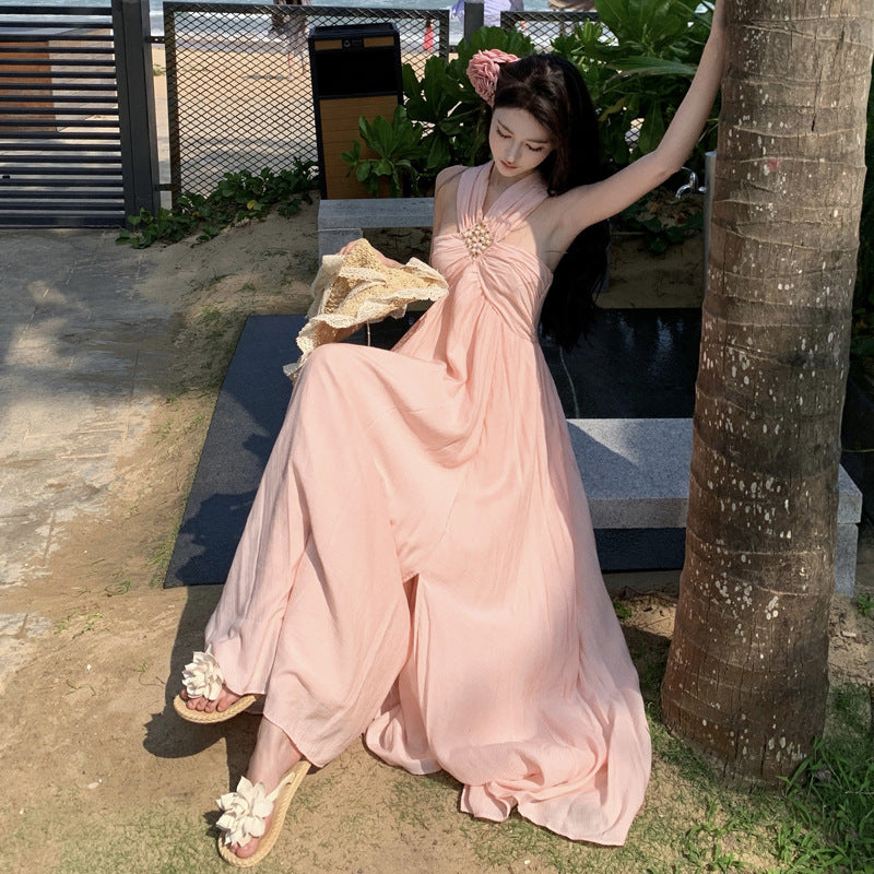 2025 Seaside vacation dress photo high sense Muse Fan sweet pink bead neck beach dress big swing dress