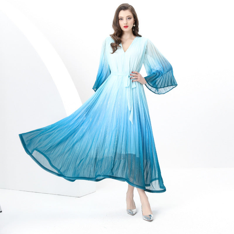 style gradual change color V-neck dress women's spring horn sleeve pleated strap design chic beautiful long skirt