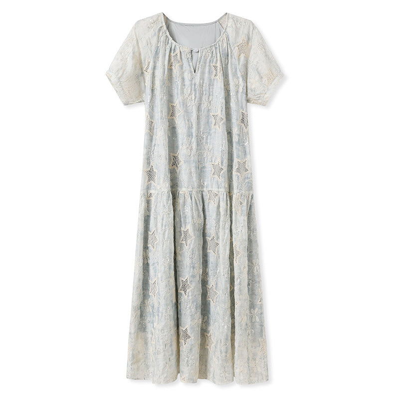 National style high-end  summer vacation gentle wind long dress women's loose star embroidery splicing dress N3099