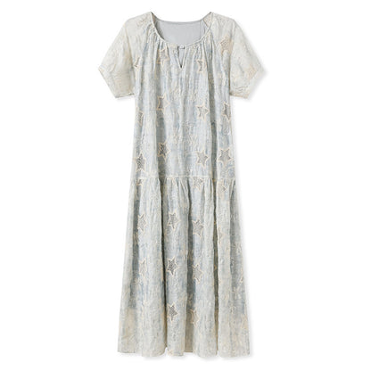 National style high-end  summer vacation gentle wind long dress women's loose star embroidery splicing dress N3099