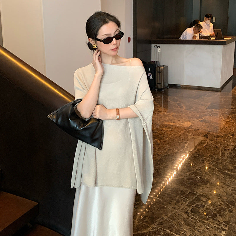 2025 spring loose meat cover long sleeve diagonal neck knitted sweater women's top oversize sunscreen blouse 25227