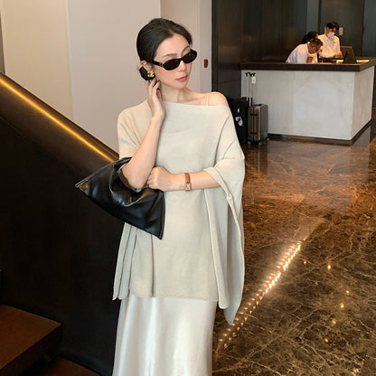 2025 spring loose meat cover long sleeve diagonal neck knitted sweater women's top oversize sunscreen blouse 25227