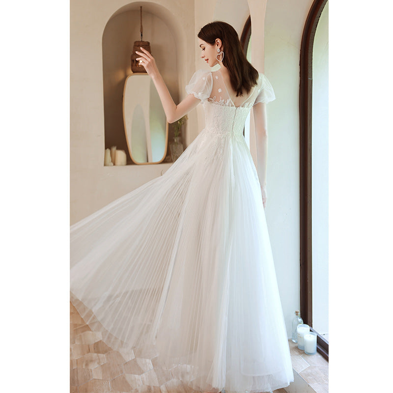 Princess bride bubble sleeve light wedding dress white bridesmaid dress 2025 new temperament performance catwalk host dress