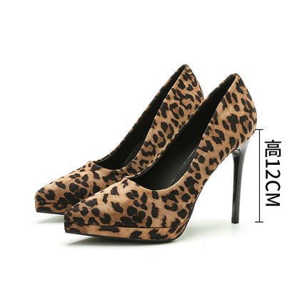 2025 1233A New Popular trade waterproof table leopard print high heels women's pointed thin heels super high heels sexy suede single shoes