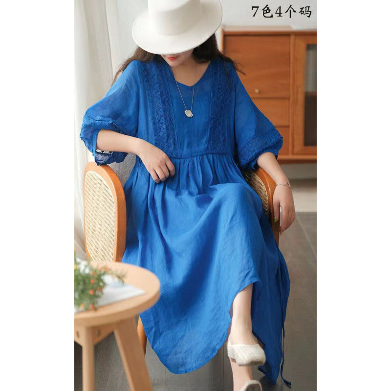 Comfortable and stylish simple seven-quarter-sleeved literary lace-up dress  summer temperament V-neck small fresh dress