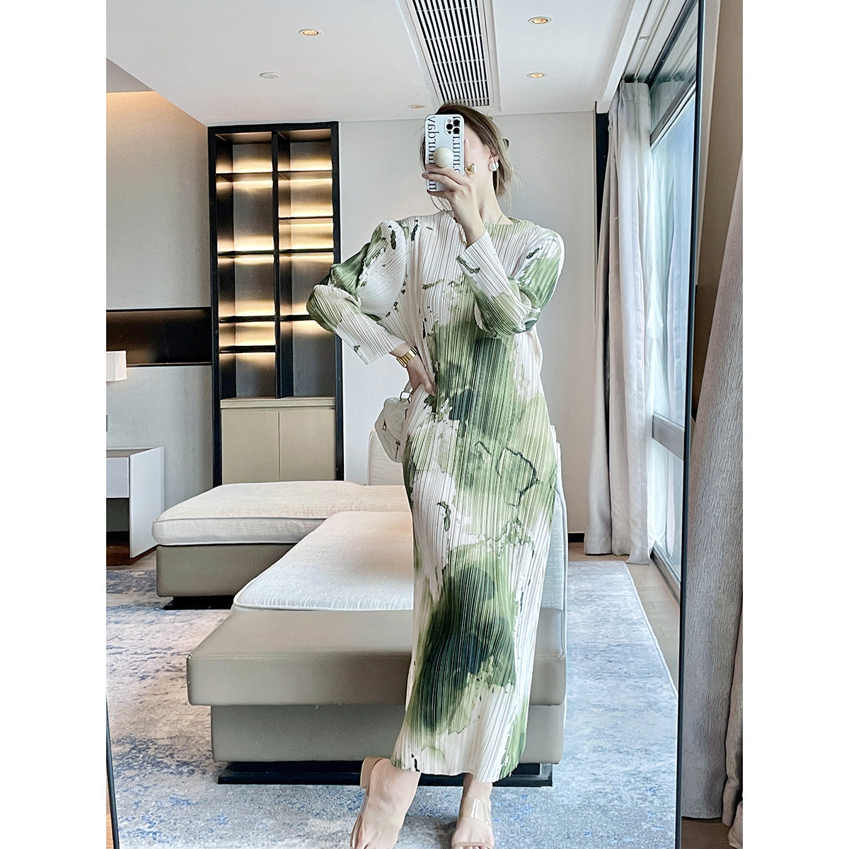 Miyake  autumn new ink abstract printing retro pleated dress femininity elegant and thin dress