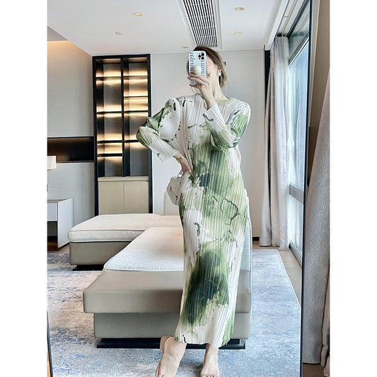 Miyake  autumn new ink abstract printing retro pleated dress femininity elegant and thin dress