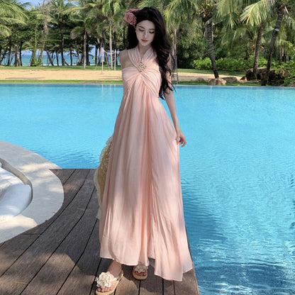 2025 Seaside vacation dress photo high sense Muse Fan sweet pink bead neck beach dress big swing dress