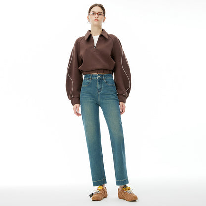 2025 popular autumn and winter new models, four-sided elastic high-waisted nine-point pants, women's clothing slim-fit baguette versatile Lycra high-end jeans