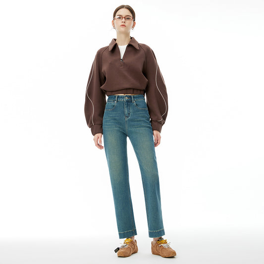 2025 popular autumn and winter new models, four-sided elastic high-waisted nine-point pants, women's clothing slim-fit baguette versatile Lycra high-end jeans