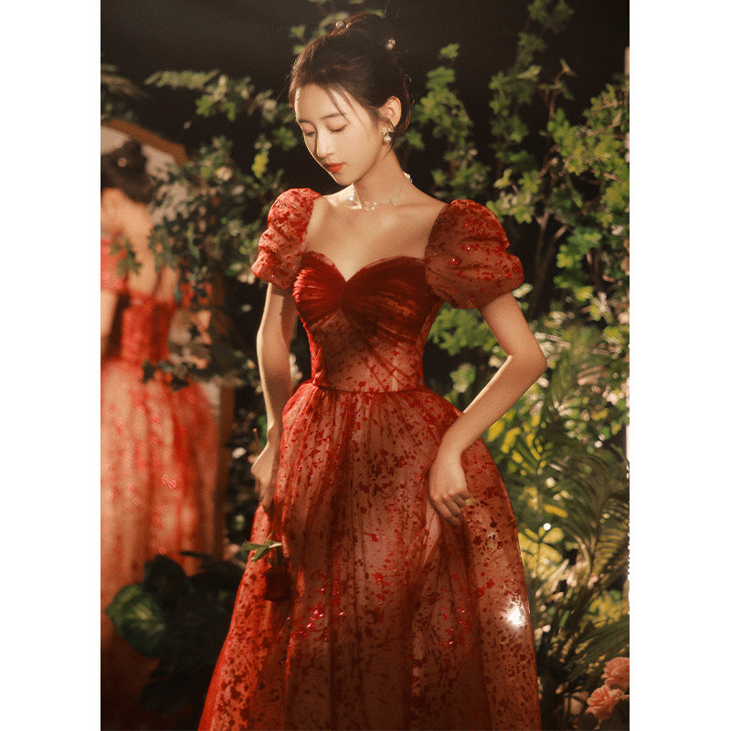 Princess on the Run Toast Bride Female Spring Cross-border Temperament Burgundy Hepburn Style Engagement  Dress