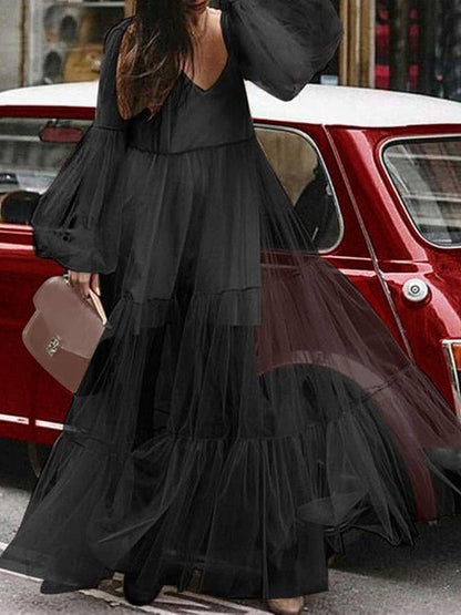 New summer new  women's clothing  V-neck fashion bubble sleeve mesh see-through dress, long dress