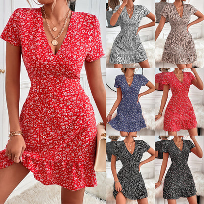 New Summer Hot Sale European and American Sexy Deep V-neck Dotted Floral Elegant Graceful Dress Female