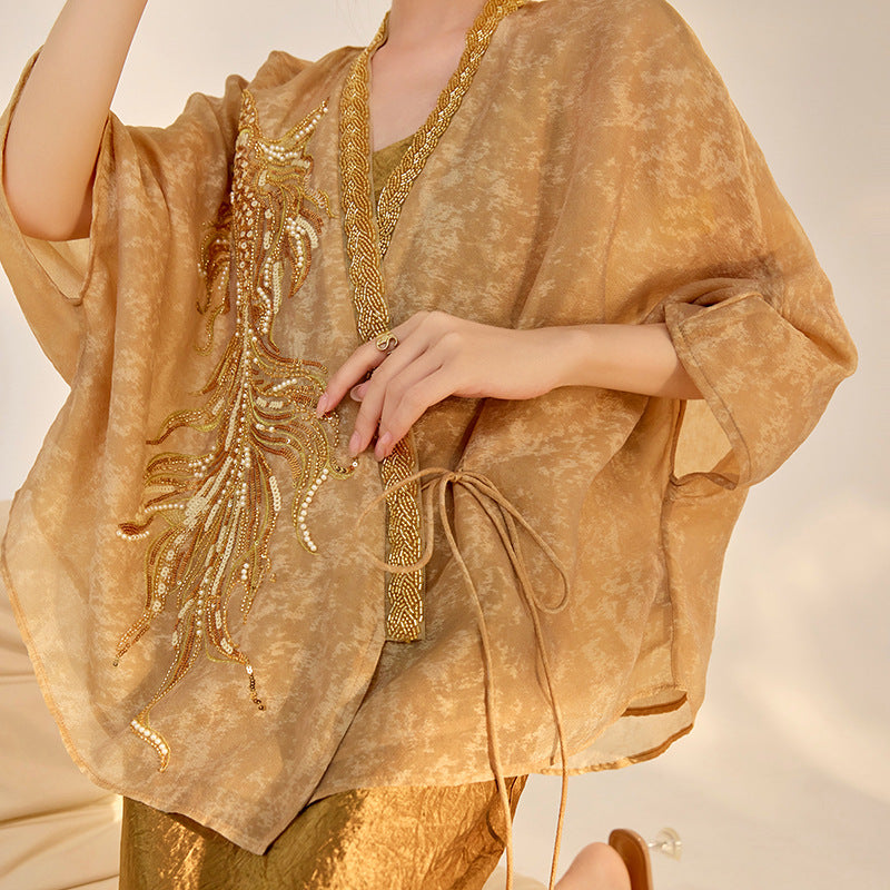 new national style new Chinese high-end design embroidered beads light luxury gold silk loose top women's M5061