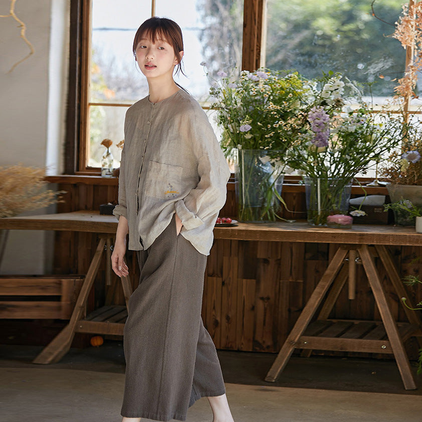 Linen crew neck open placket loose big shirt shirt woman, spring and summer coat woman, top spring versatile woman B0409