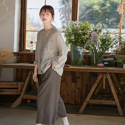 Linen crew neck open placket loose big shirt shirt woman, spring and summer coat woman, top spring versatile woman B0409