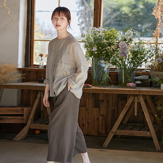 Linen crew neck open placket loose big shirt shirt woman, spring and summer coat woman, top spring versatile woman B0409