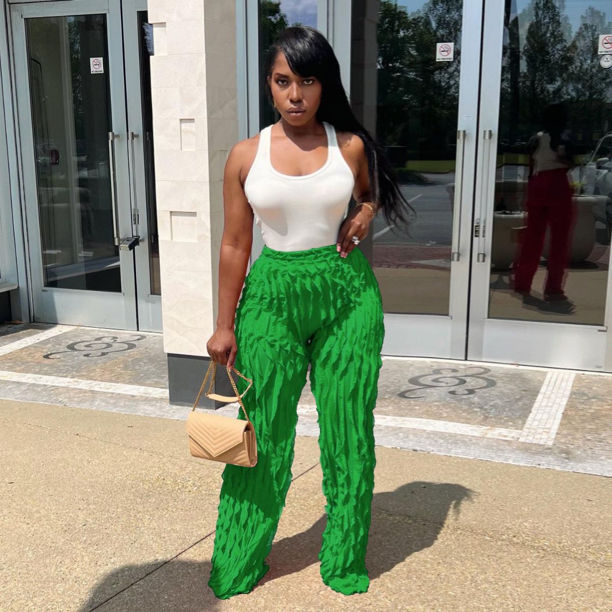 FLOWERSVERSE  Y1260  European and American Women's Clothing Cross-Border Supply Mesh Wave Pattern Ruffled Loose High Waist Wide Leg Trousers