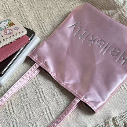 FLOWERSVERSE  Xiaohongshu New Kitty Hot Rhinestone Full Printed Satin Silk Bag Cute High Sense Mini Tote Handbag Female