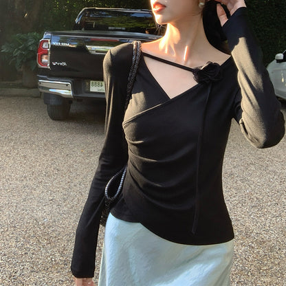 2025 Spring New Temperament Elegant Flower Bottom Knitted Sweater Skinny Long Sleeve Top Women's 89210