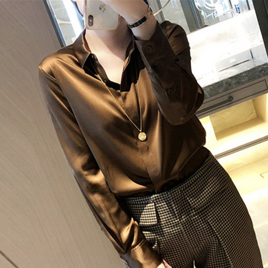 2025 Chocolate silk shirt heavy 23 mmi  summer Hangzhou four-season green women's shirt long-sleeved top