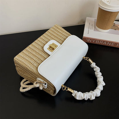 FLOWERSVERSE  Straw Woven Bag Women's Fashionable Beach Weaving Portable Small Square Bag  Summer New Ins Stitching Shoulder Messenger Bag