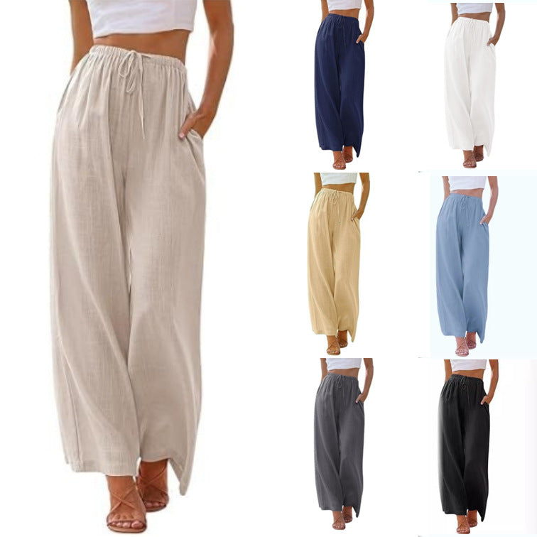 FLOWERSVERSE  EBay  European and American plus Size Women's Pants Linen Loose Casual Pocket Drawstring Wide Leg Pants Women