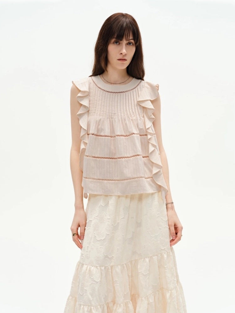 Siyuan, retro fresh  style pure cotton hollow embroidered ruffle edge sleeveless loose top female 9115