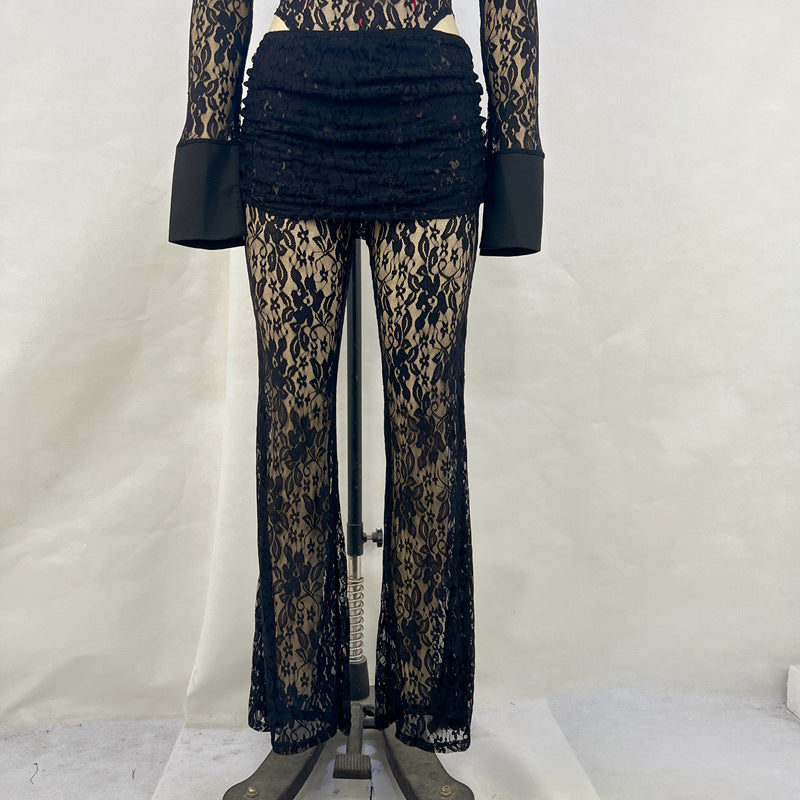 New popular sexy lace splicing deep V long-sleeved top slim-fitting perspective high-waisted flared pants women's suit