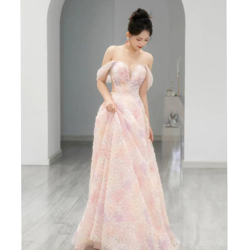 Pink toast dress bride 2025 new morning robe dress women's light luxury niche high-end host tube top evening dress